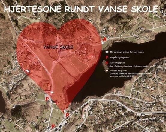 Bilde illustrerer et kart med et rødt hjerte rundt skolen