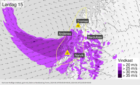 Kart over Kraftige vindkast, gult nivå, deler av Nordland og Troms