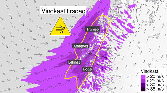 Kart over Kraftige vindkast, gult nivå, deler av Nordland og Troms 27 august 2024