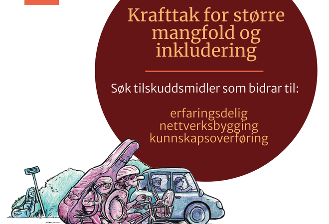 Plakat om pilotmidler med teegnet bil og sykklist som kjører på veien