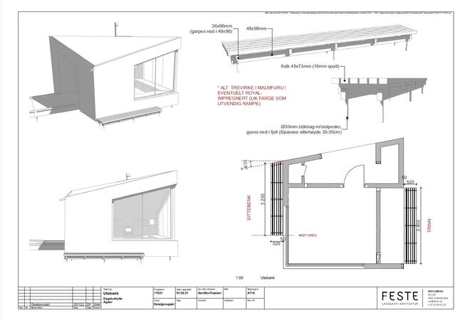 Arkitekturiske tegninger over utebenken ved Knibenro