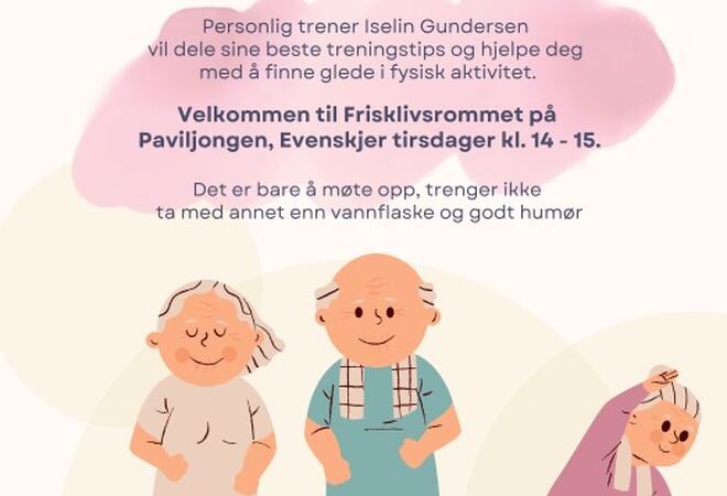 Plakat med samme tekst som i artikkel, pluss tegning av folk som trener