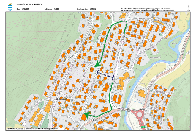 Grønne streker og piler viser alternative ruter for de som skal til og fra Bergseng skole, mens Meisestubben er stengt (svart stiplet linje).