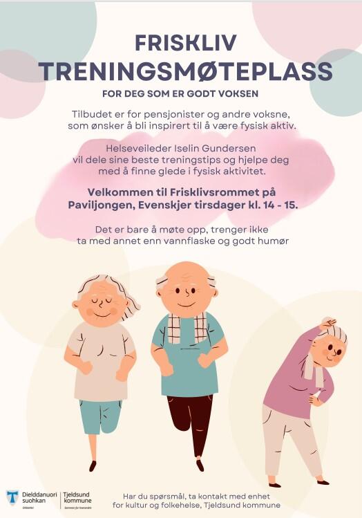 Plakat med mennesker som trener, og samme tekst som i artikkelen.