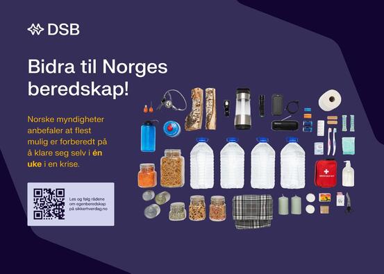 Plakat om egenberedskap med 4 flasker med vann 5 l hver, tørrmat, gygieneprodukter, hermetikkmat