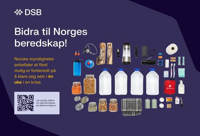 Plakat om egenberedskap med 4 flasker med vann 5 l hver, tørrmat, gygieneprodukter, hermetikkmat