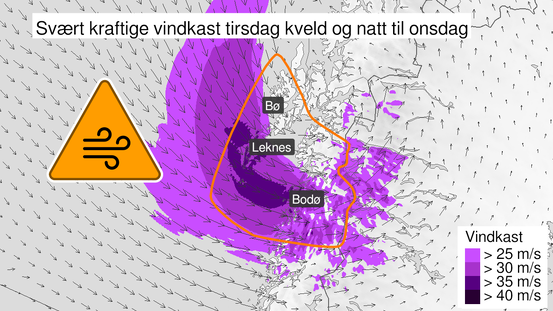 Kart over Svært kraftige vindkast, oransje nivå, Lofoten, deler av Vesterålen og Salten