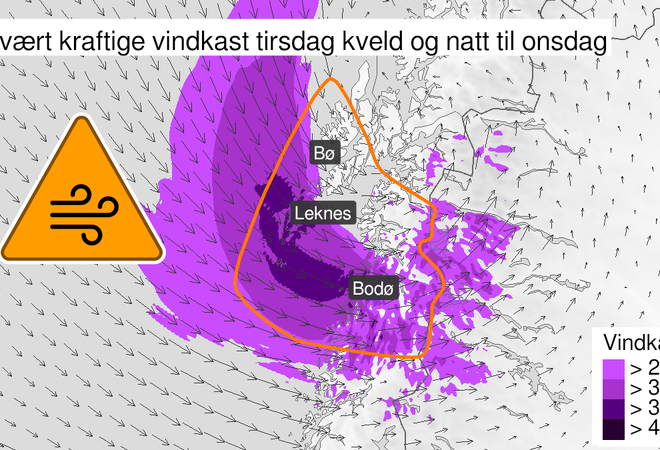 Kart over Svært kraftige vindkast, oransje nivå, Lofoten, deler av Vesterålen og Salten