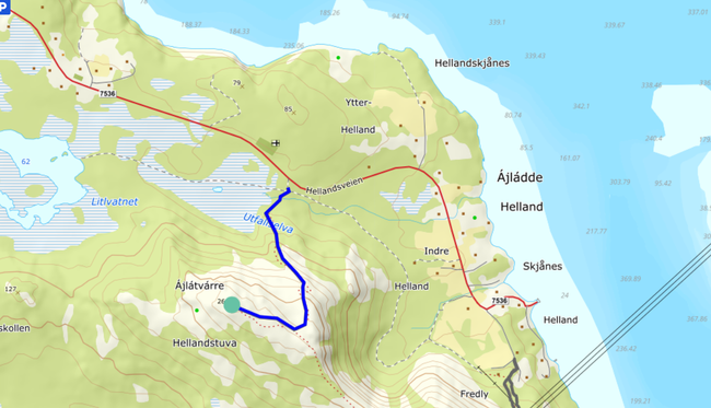 Kart over tur til Hellandstuva