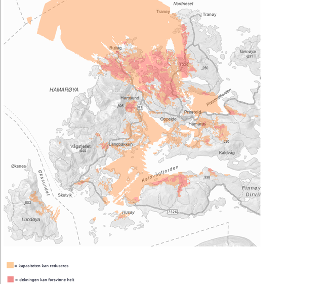 Kart over område på Hamarøy med markerte deknings områder