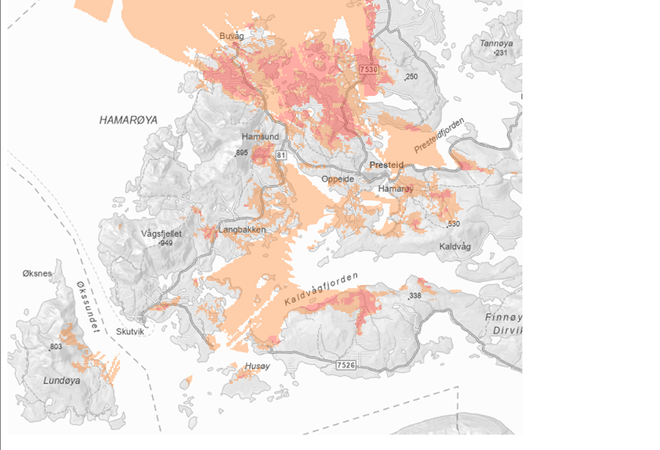 Kart over område på Hamarøy med markerte deknings områder
