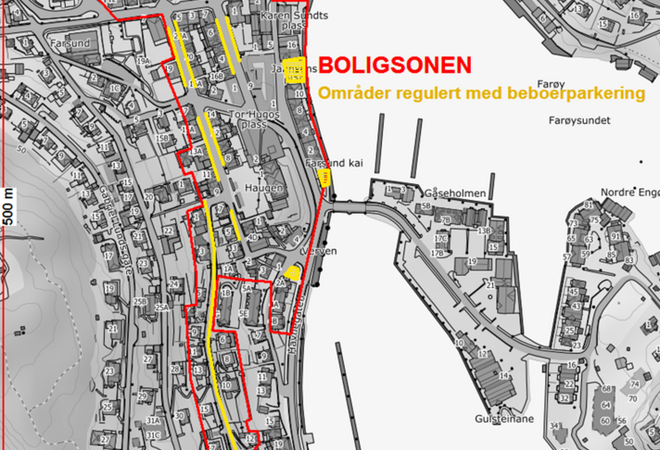 Kartet viser avgrenset område over boligsonen i Farsund som kvalifiserer til beboerparkering.