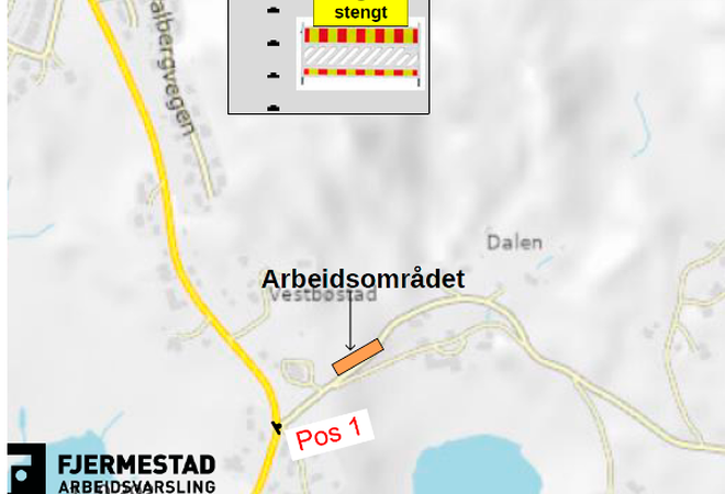 Oversiktbilete av arbeidsområdet og kor vegen er stengt.