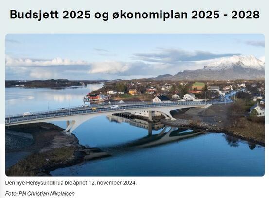 Forsidebilde til budsjett og økonomiplan 2025 til 2028. Bildet vuser den nye Herøysundbrua og er tatt av Pål Nikolaisen.