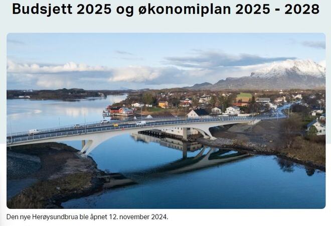 Forsidebilde til budsjett og økonomiplan 2025 til 2028. Bildet vuser den nye Herøysundbrua og er tatt av Pål Nikolaisen.