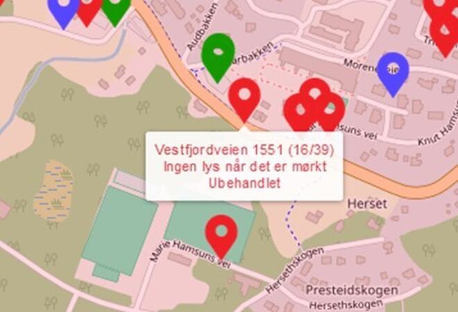 Kart over området hvor er meldt feil på gatelys