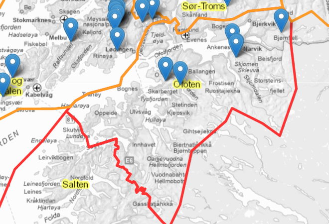 Kart over Ofoten med snøskredvarsel 15.01.2025