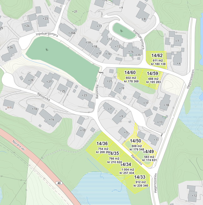 Kartutsnitt med tomtepriser inntegnet