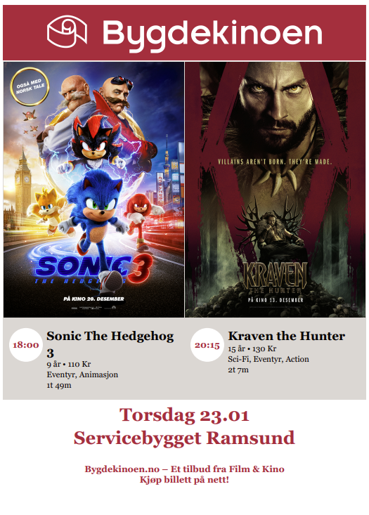 Plakat bygdekino i Ramsund Sonic 3 og Kraven the hunter