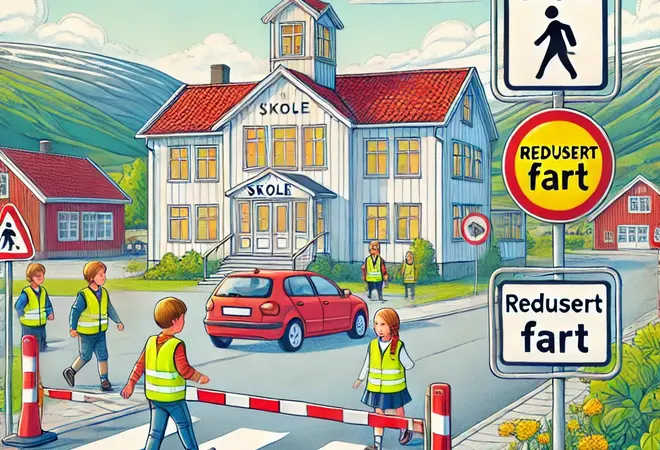 Tegnet bilde av trafikksituasjon ved skole