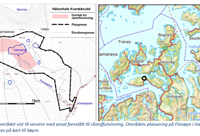 Planområdet vist til venstre med areal foreslått til råstoffutvinning. Kart over Hamarøy kommune til høyre