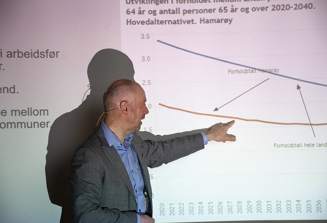 En mann står ved læreret og viser statistikken