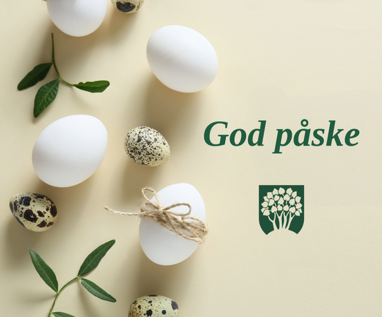 Bilde med teksten "God påske" og dekorative påskeegg
