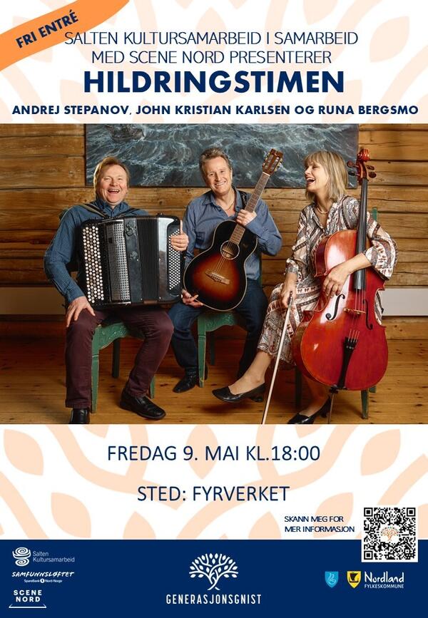 Plakat Hildringstimen. To menn og en dame spiller instrumenter
