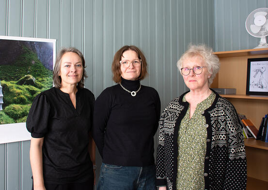 tre damer står ved veggen på rommet Hilde Wisth, Justyna Walus og Astrid Aasebøstøl