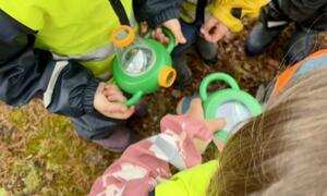 Barn i sikkerhetsvester undersøker grønne lekelykter utendørs. Ett barn har på seg en rosa mønstret jakke. Bakken er mosegrodd.
