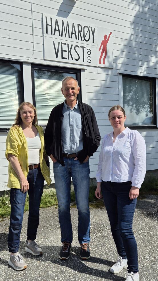 Daglig leder Hamarøy Vekst Åslaug Solem, styreleder Alf-Helge Andreassen og ordfører Britt Kristoffersen Løksa. Foto: Hamarøy kommune To damer og en mann står ute i solen