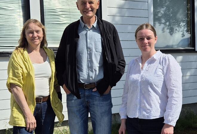 To damer og en mann står ute i solen