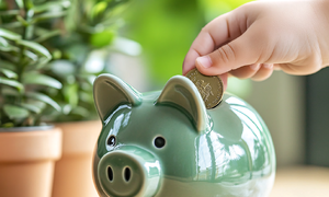 Illustrasjonsbilde En sparegris som noen putter et kronestykke på.