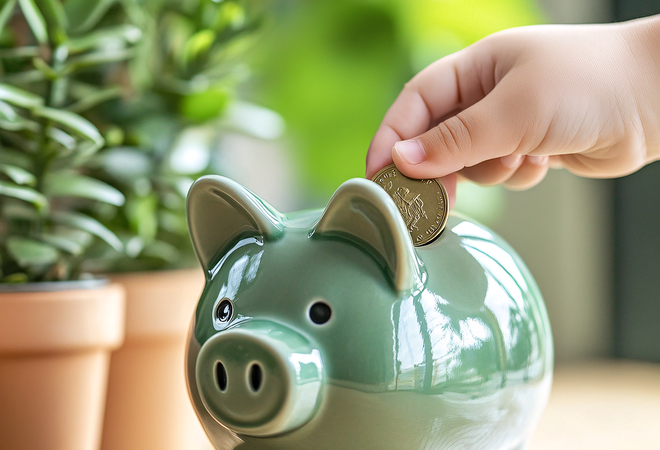 Illustrasjonsbilde En sparegris som noen putter et kronestykke på.