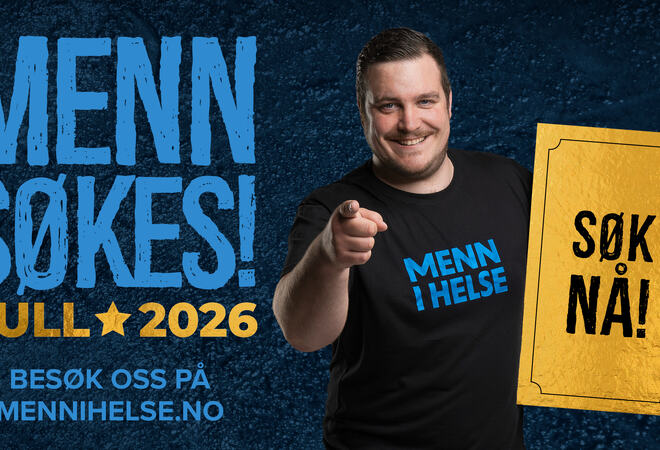 Foto: Plakat om å rekruttere menn i helse Plakat med bilde av mann og tekst om rekruttering av menn i helse