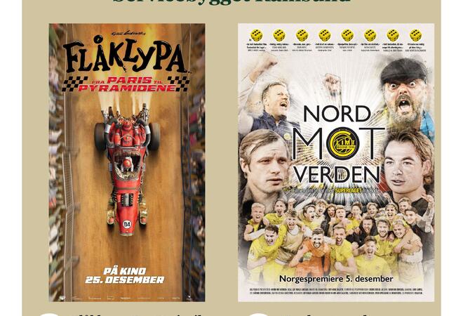 Plakat av filmvisningene 08.01 Plakat som viser filmene Flåklypa og Nord mot verden