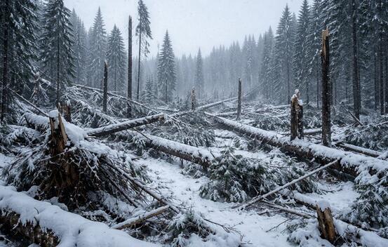 Bildet viser skogfelling av flere trær vinter