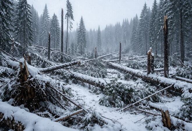 Bildet viser skogfelling av flere trær vinter