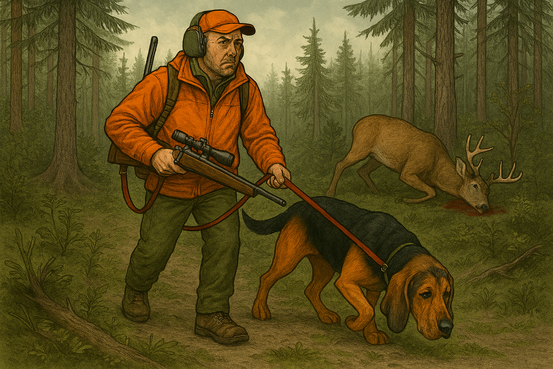 bilde viser jeger med våpen og hund, felt vilt i bakgrunnen