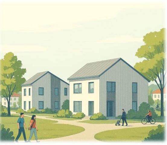 Bildet viser to boliger, folk og landskap