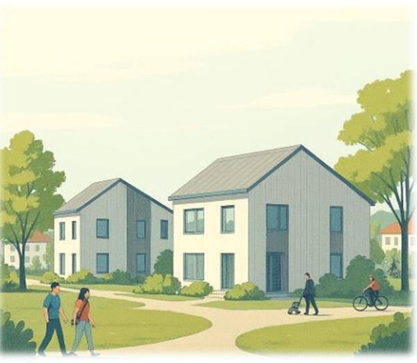 Illustrasjon: KI generert Bildet viser to boliger, folk og landskap