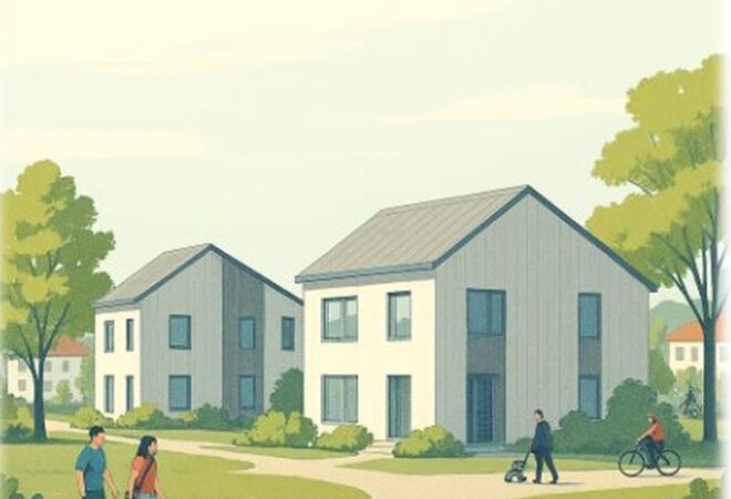 Bildet viser to boliger, folk og landskap