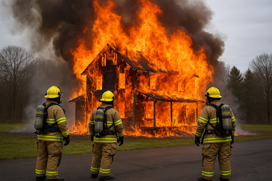 Bildet viser brannvesen under kontrollert nedbrenning av hus