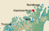 Kart over vinterdestinasjoner i Finnmark. Cruise Norway